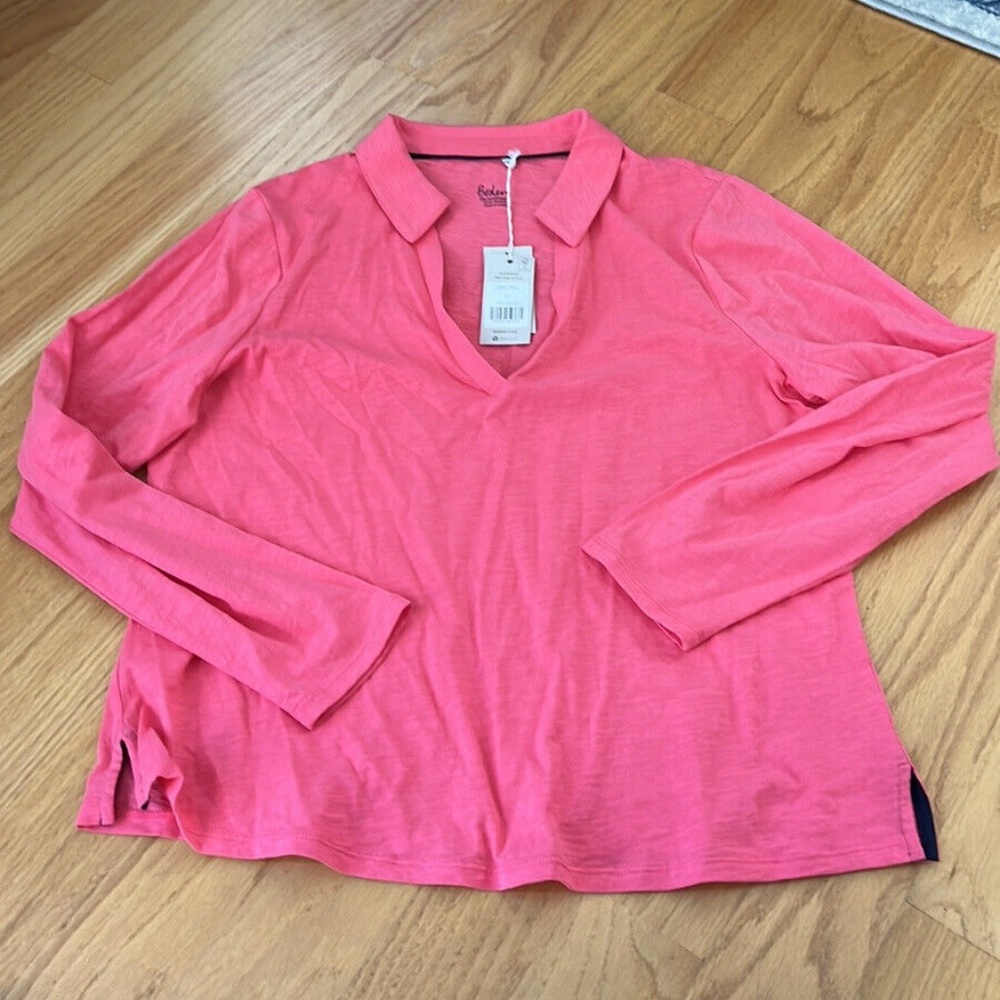 Boden Pink Long-Sleeve Cotton Collar Notch Top NWT